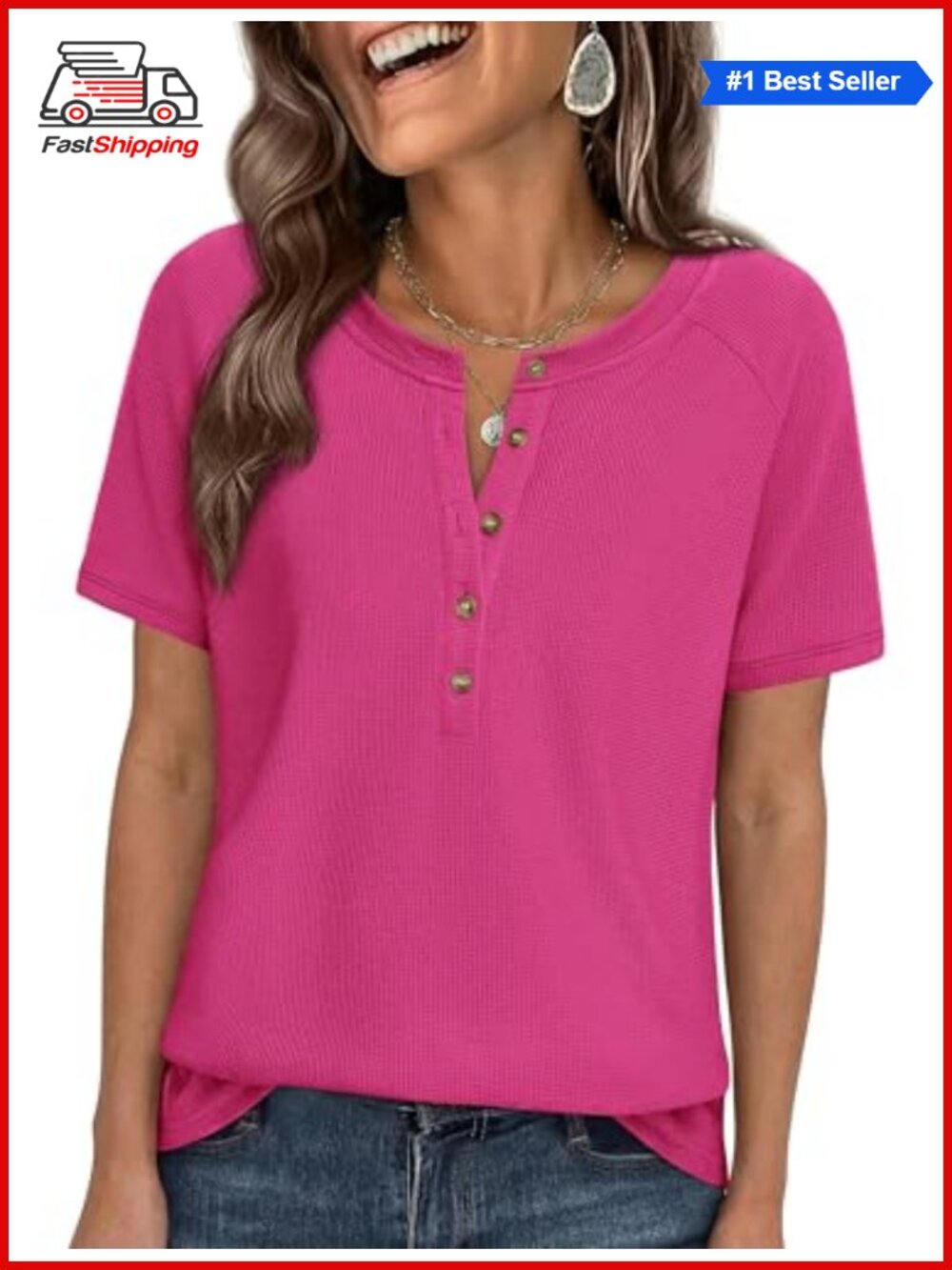 ✨PRETTYGARDEN Waffle Knit Henley Shirt Short Sleeve Casual Top